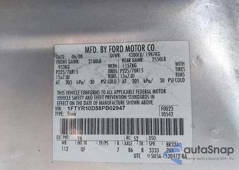 2008 Ford Ranger Xl/Xlt z USA, uszkodzony, nr VIN 1FTYR10D58PB02947